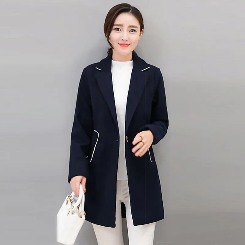 Женское длинное шерстяное пальто в Корейском стиле однотонное синее офисное
