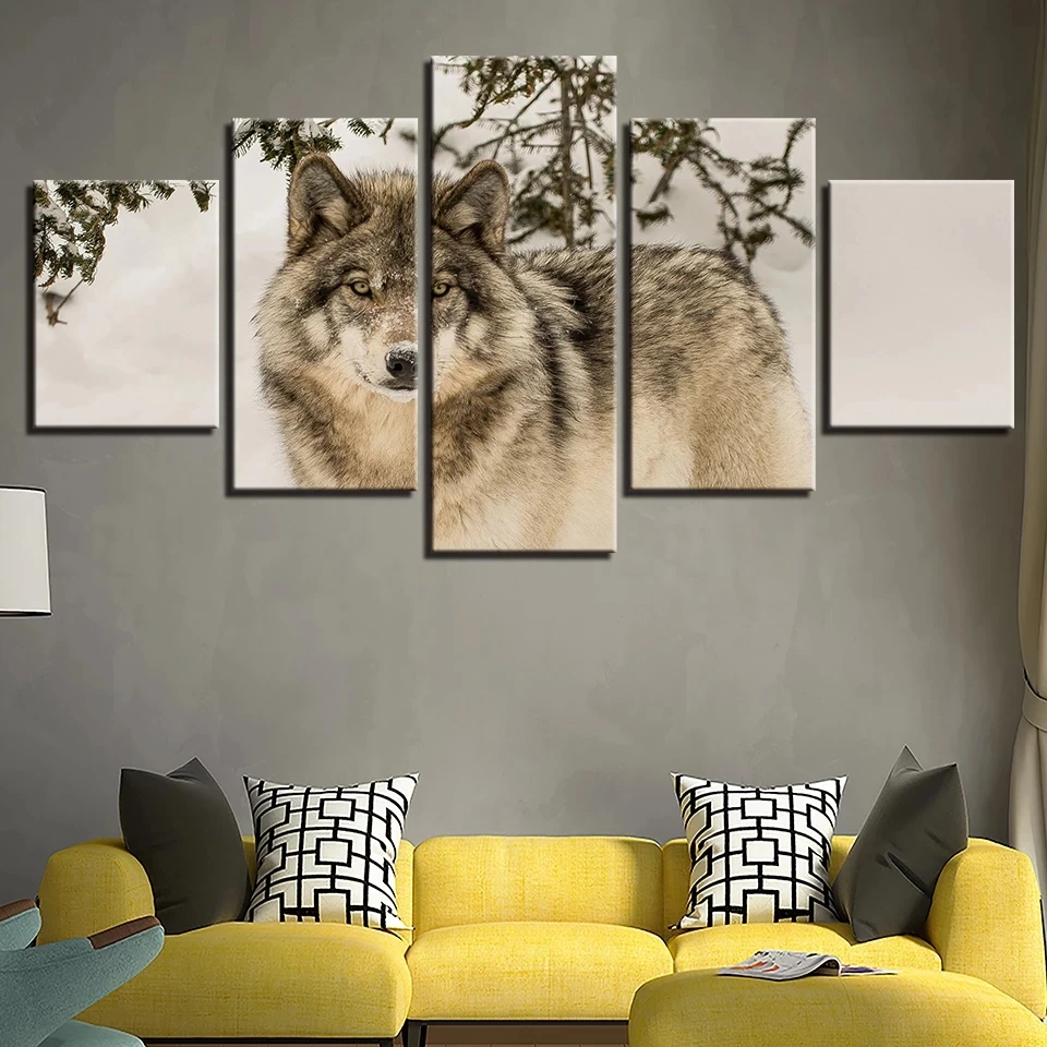

Modern Canvas Wall Art Poster Living Room HD Prints Picture 5 Pieces Winter Snow Wolf Painting Modular For Home Decor Frame