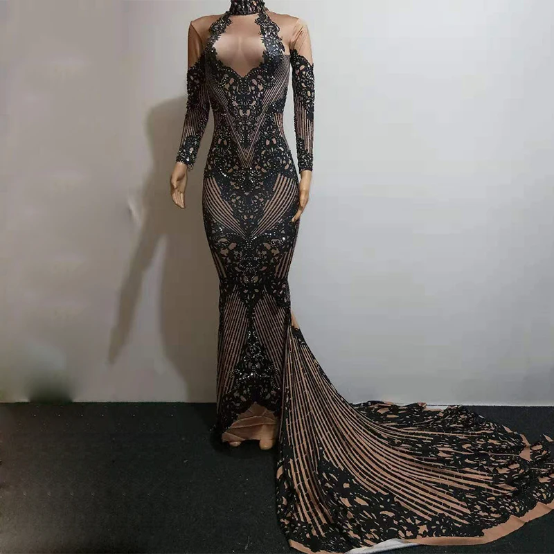 

Singer Costume Evening Party Long Sleeve Crystals Black Long Trailing Stretch Dress Birthday Celebrate Dresses Stage Wear DT1183
