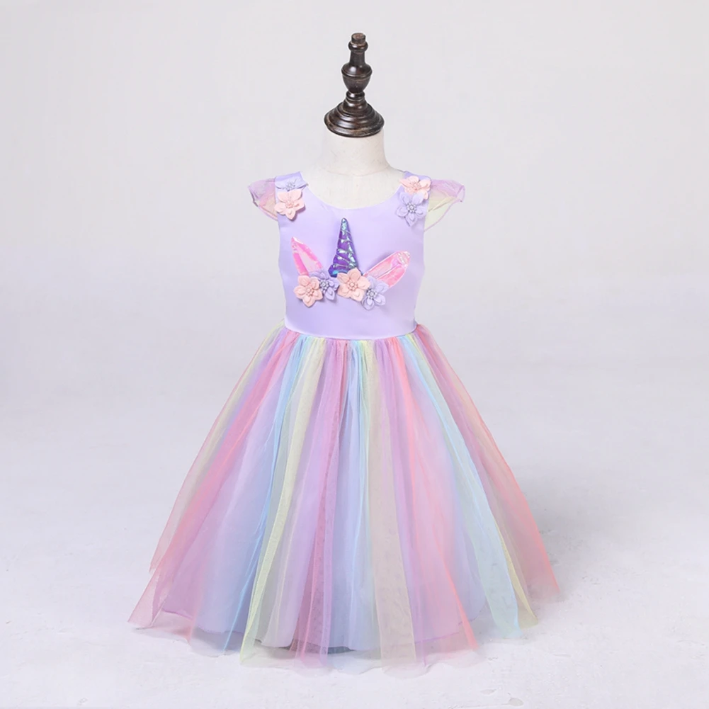 

Prom Dresses Evening Unicorn Summer Children's Costume Princess for Girls Kids Clothes Tulle Pink Rainbow Short Sleeve Dress