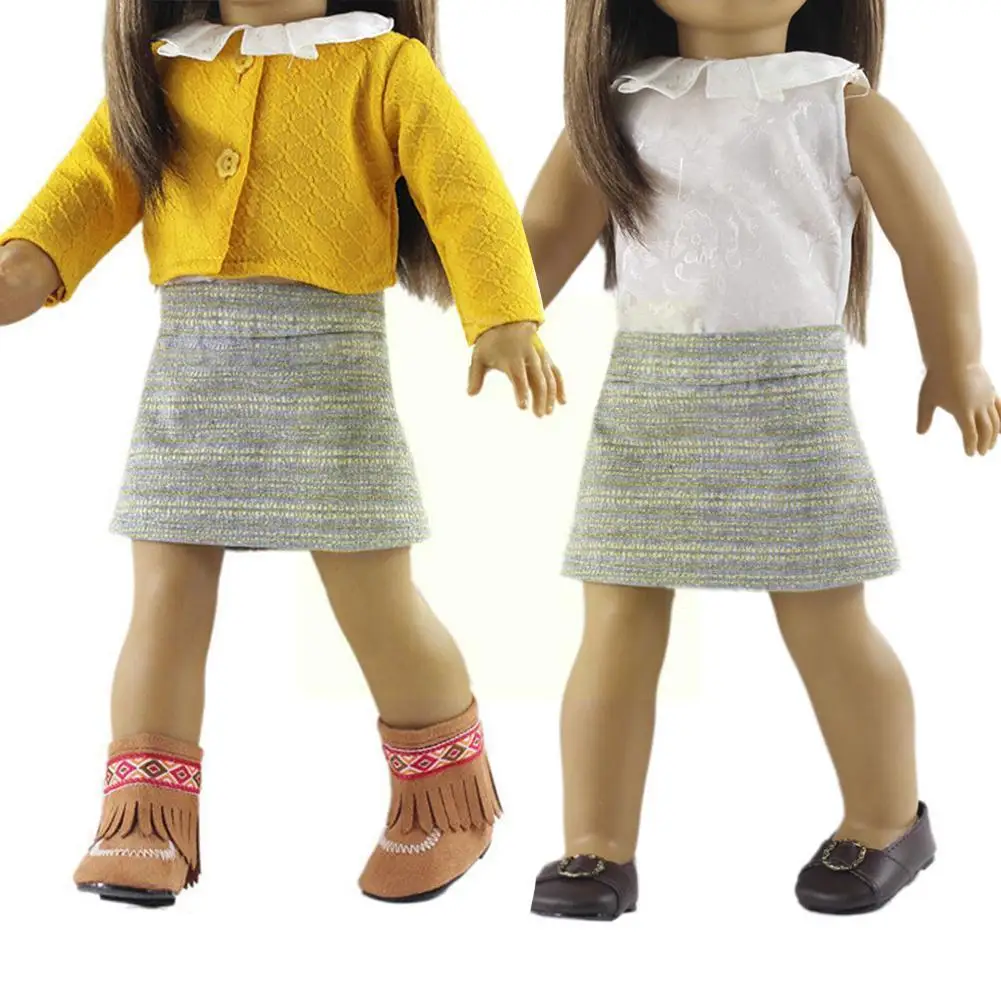 

18-дюймовая юбка-топ для куклы для девочек, Одежда для кукол из трех частей 45 см, юбка-Топ желтого/синего цвета, короткие аксессуары, черный/се...