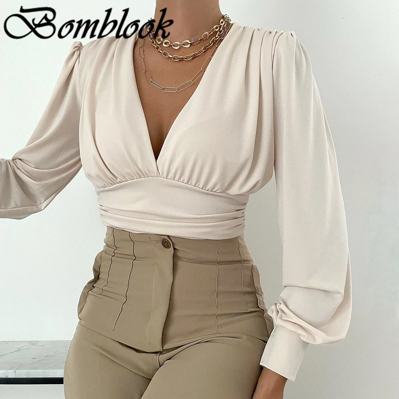 

Bomblook Casual Fashion Women's Solid Tops Autumn 2021 V-neck Lantern Sleeve Patchwork Crop Tops Female Streetwears