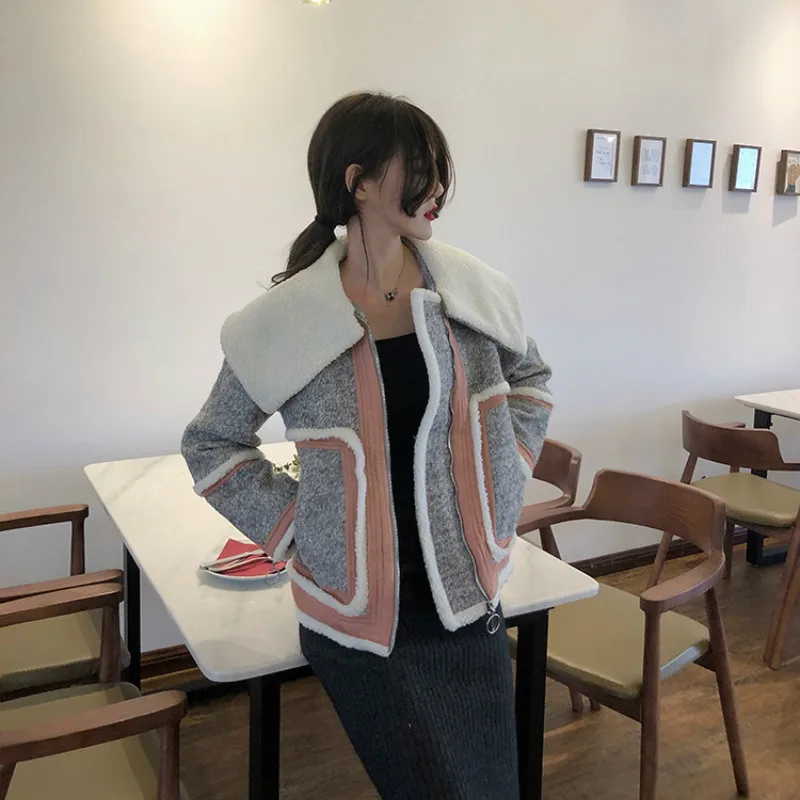 Осенне-зимнее пальто женское из смешанной шерсти большой отворот молния