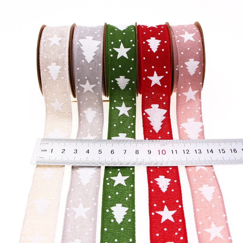 

5m/Roll 25mm Red /pink / green /gray / beige Merry Christmas Tree Star Elk Printed Burlap Ribbons For Gift Wrapping Xmas
