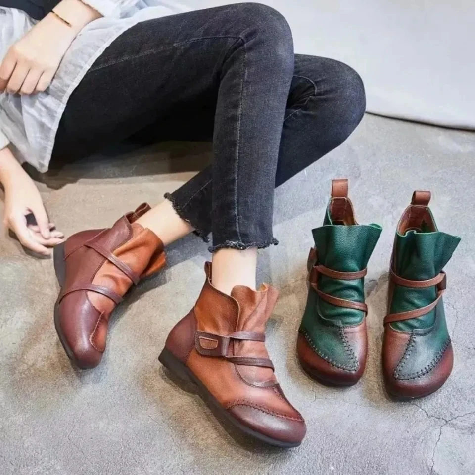

Nation retro genuine leather boots female spring ankle booties women's plush cozy Precision stitching shoes women ankle boots
