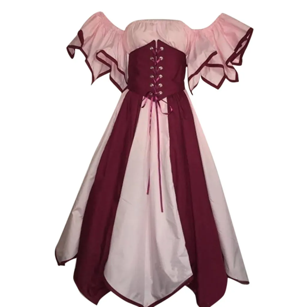 

New Medieval Women Fashion Renaissance Retro Party Dress Halloween Cosplay Costumes Bandage Vintage Short Sleeve Strapless Dress