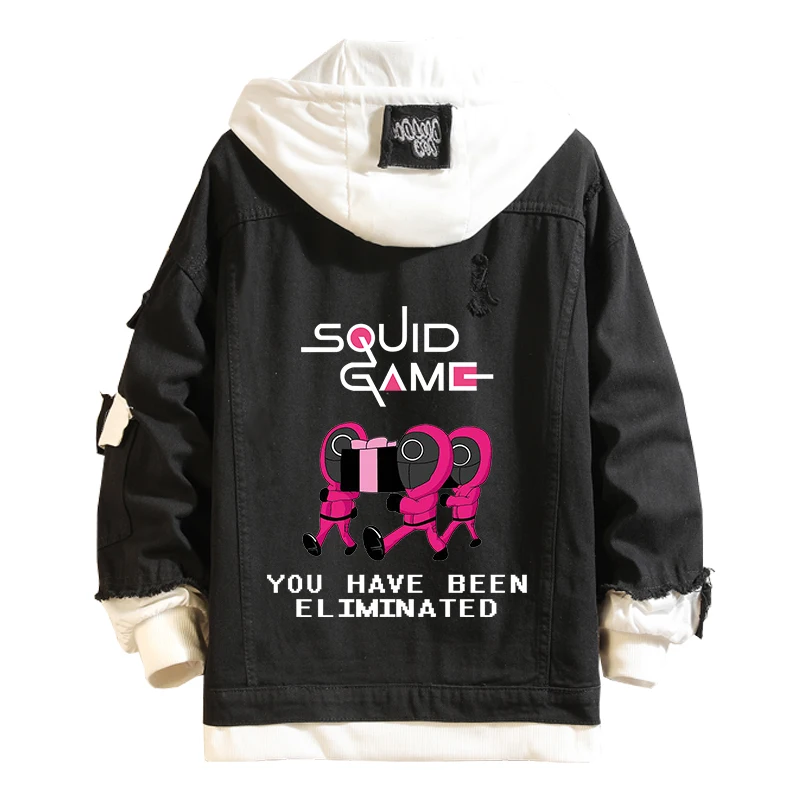 

Коллекция 2021 года, толстовка из денима «Игра кальмар», джинсовые куртки с круглым вырезом для костюмированной Игры № 456, куртки с капюшоном, ...