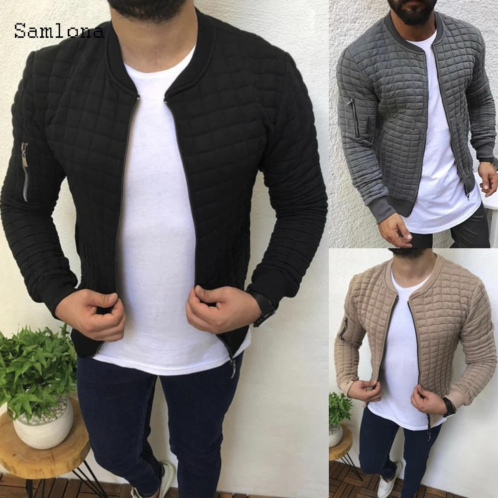 

2020 European style Fashion Youth Men Jackets Autumn Winter Slim Plaid Indentation Zipper Rib sleeve Tunic Mens Clothing Coats