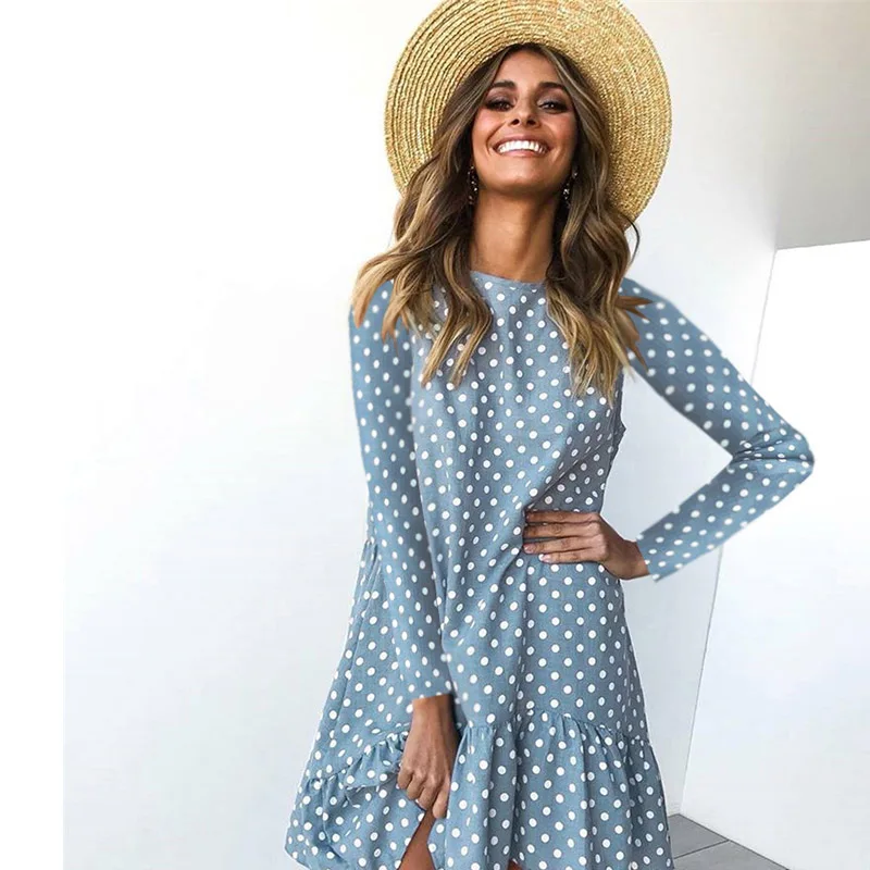 2020 Women Autumn Dress Fashion Polka Dot Chiffon Boho Long Sleeve Ruffle Female Casual Yellow | Женская одежда