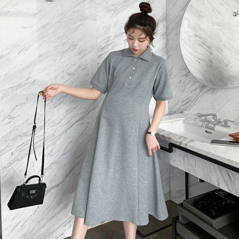

1809# 2021 Summer Korean Fashion Maternity Long Dress A Line Slim Loose Clothes for Pregnant Women Casual Solid Pregnancy
