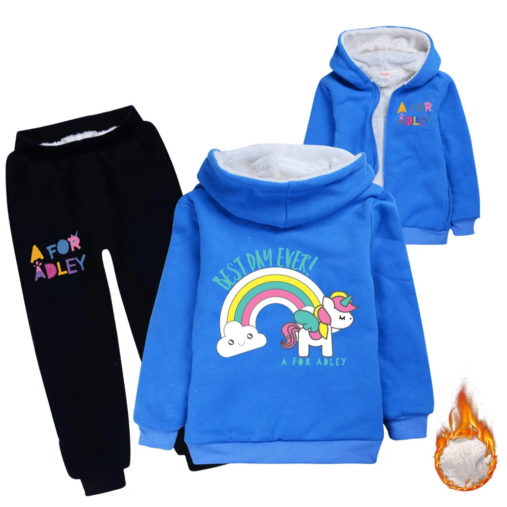 Teen Girls Clothing Winter Kids Sets Solid Color Plus fleece Warm Jacket+pants Casual Children's Sweatershirt Sport Boy Clothing