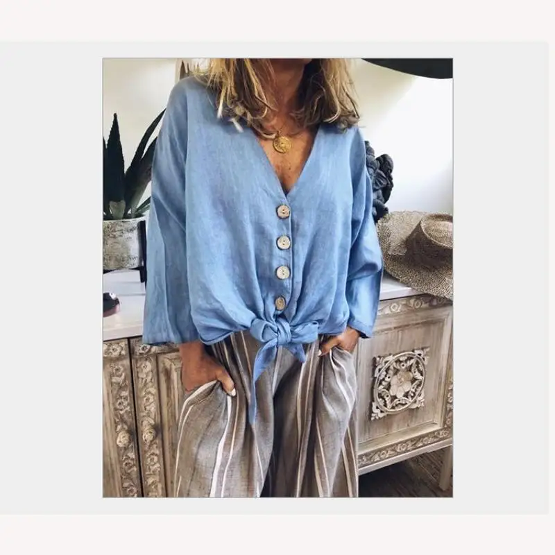 Женские рубашки 2019 летняя однотонная Повседневная Свободная рубашка с v-образным