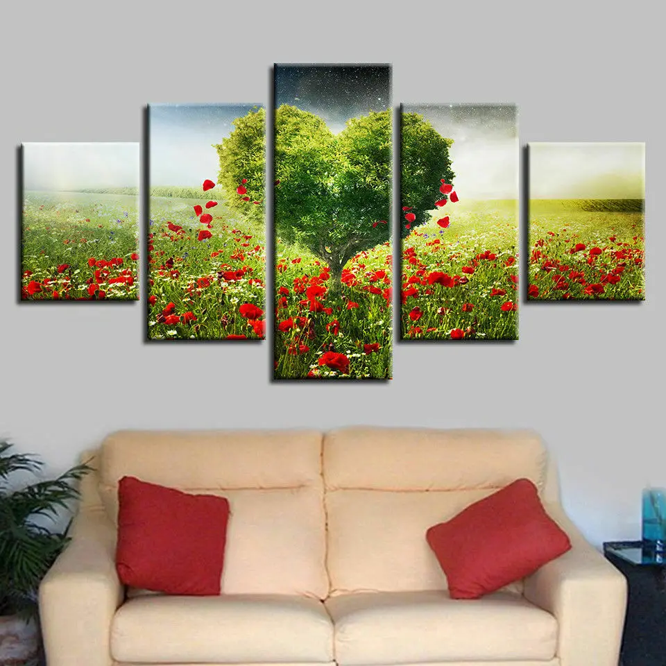 

Romantic Green Heart Tree 5 piece HD Wall Art Print HD Print poster Paintings Oil Painting Living Room Home Decor Pictures