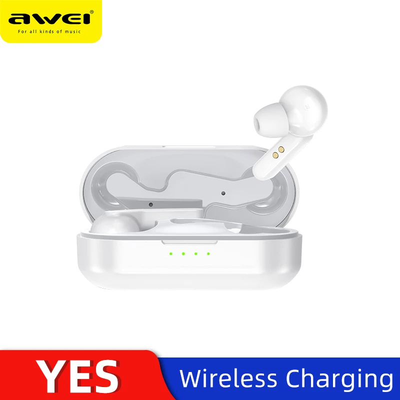 AWEI TWS Bluetooth V5.0 настоящие беспроводные наушники для зарядки с двойным микрофоном шумоподавление HiFi 6D бас игровая гарнитура сенсорное управление Качественные Наушники с микрофоном звук чистый и басс - Цвет: WT Wireless Charging