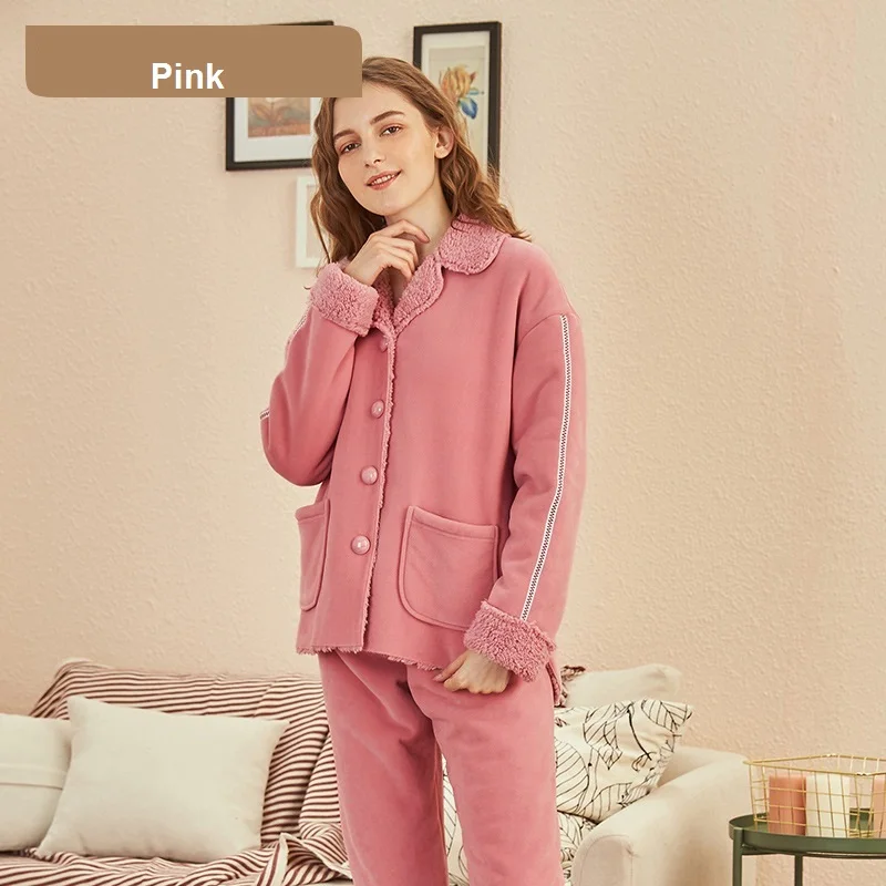 Зимние женские пижамы из двух частей фланелевые плотные теплые с принтом для