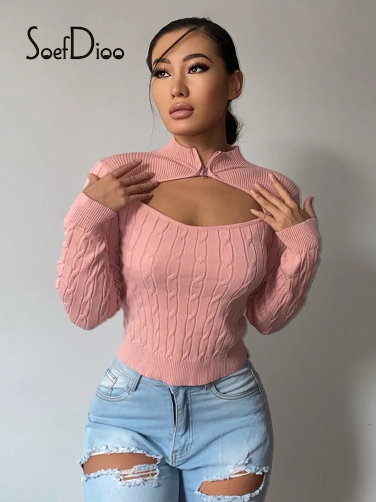 

Soefdioo Pink Long Sleeve Hollow Out Slim Crop Top Women Sexy Zipper Skinny Short Sweaters Pullover Fall 2021 Fashion Streetwear