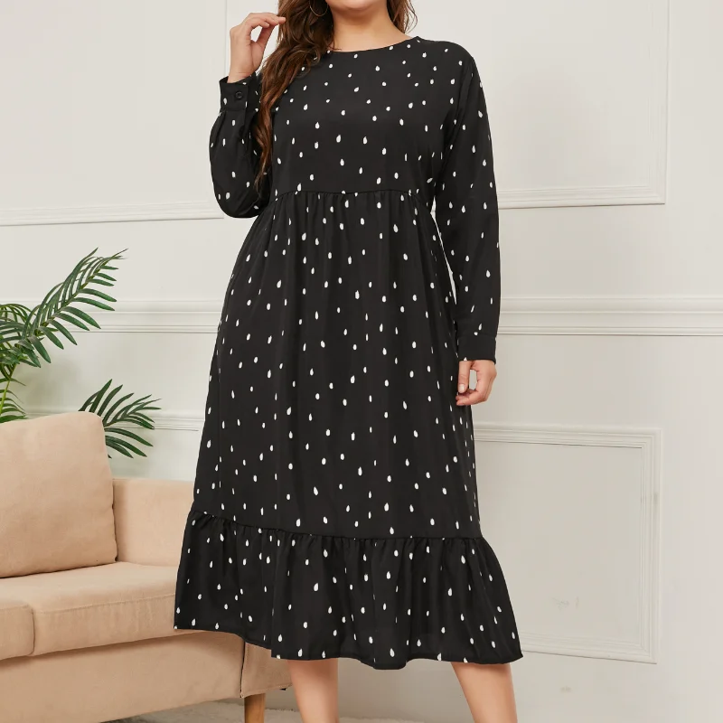 

Plus Size Polka Dot Dress for Party Black Round Neck Lantern Sleeve Tunics Ruffle Casual Loose Women Dresses Wedding Dinner