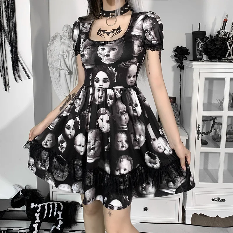 

Gothic Aesthetic High Waist Sexy Woman A Line Dress Goth Dark Skull Print Lace Lantern Sleeve Y2K Pleated Dress Emo Alt Cloth
