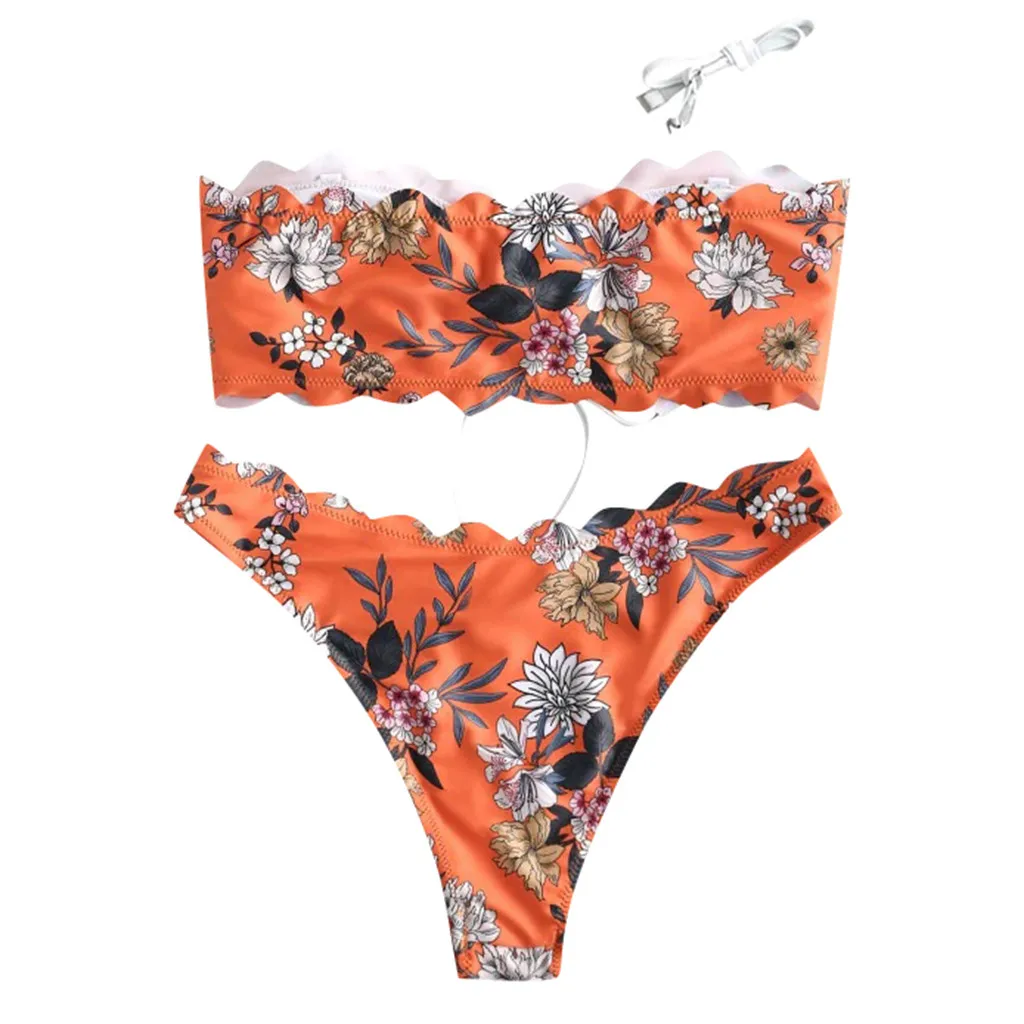 KANCOOLD Sexy Swimwear Women Floral Print Lace-up Scalloped Bandeau Bikini Set Fashion Swimsuit Summer Clothes 1216 | Женская одежда