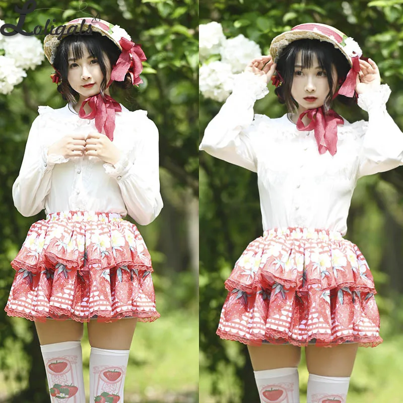 Милая многослойная мини-юбка в стиле &quotЛолита&quot с принтом клубники и цветов |