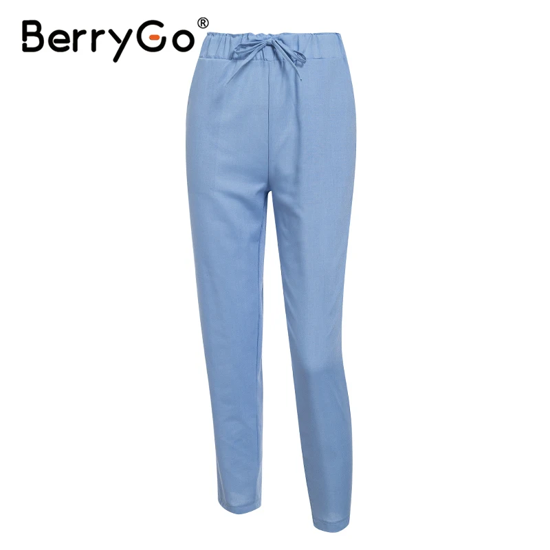 BerryGo High waist tie up causal pants women 2020 Spring streetwear cotton female Holiday office lady summer | Женская одежда