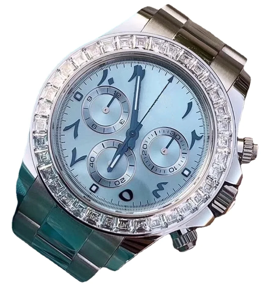 

New Men's Quartz Chronograph Watch Diamonds Stainless Steel Arabic Numberals Baguette Bezel Glacier Sky Ice Blue Dial