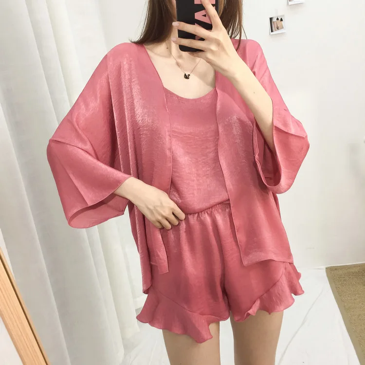 Korean Version Thin New Velvet Three Piece Pajamas Women's Suspender Pajamas Coat Home Clothes Spring Summer Autumn Sleep Tops