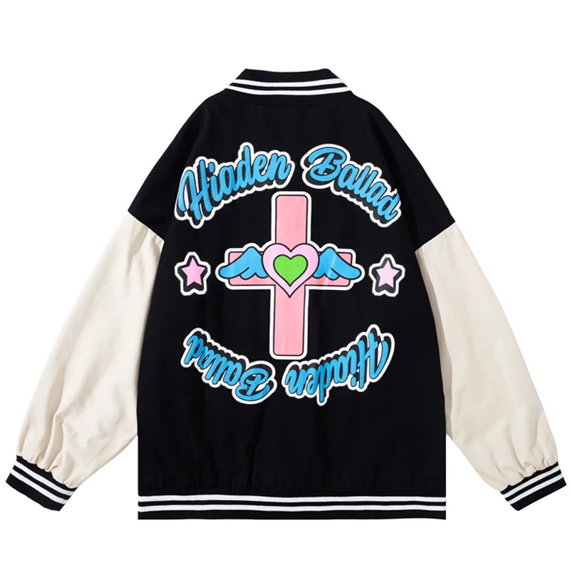 

Hip Hop Patchwork Heart Letter Print Jackets Mens Harajuku College Style Bomber Jacket Autumn 2021 Couple Baseball Coats 3 color
