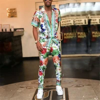 mens floral tracksuit summer beach outfit sets 2 piece short sleeve shirt and long pants jogging sweatsuit