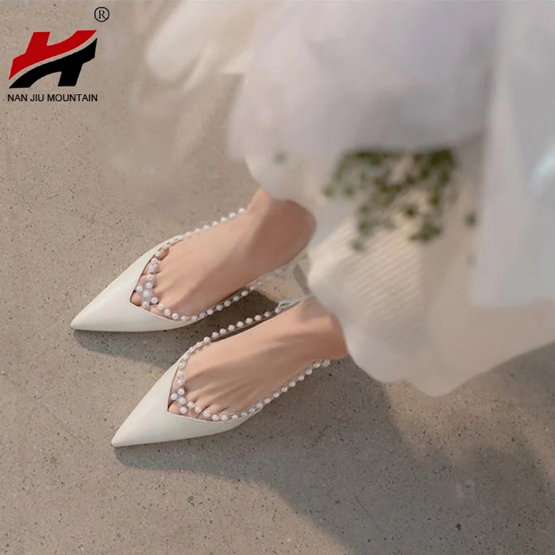 Летний новый стиль жемчужные Баотоу сандалии женские шпильки острый средний
