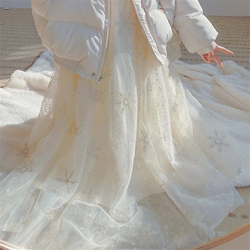 Юбка сетчатая Женская средней длины с вышивкой в виде снежинок Осень-зима 2021 -