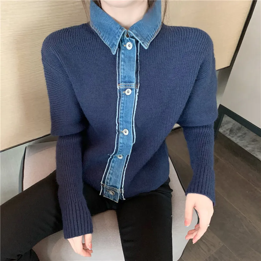 2021 New Autumn Winter Korean Fashion Denim Patchwork Cardigan Women Puff Sleeve Designer Brand Cardigans Mujer Coat Pull Femme |