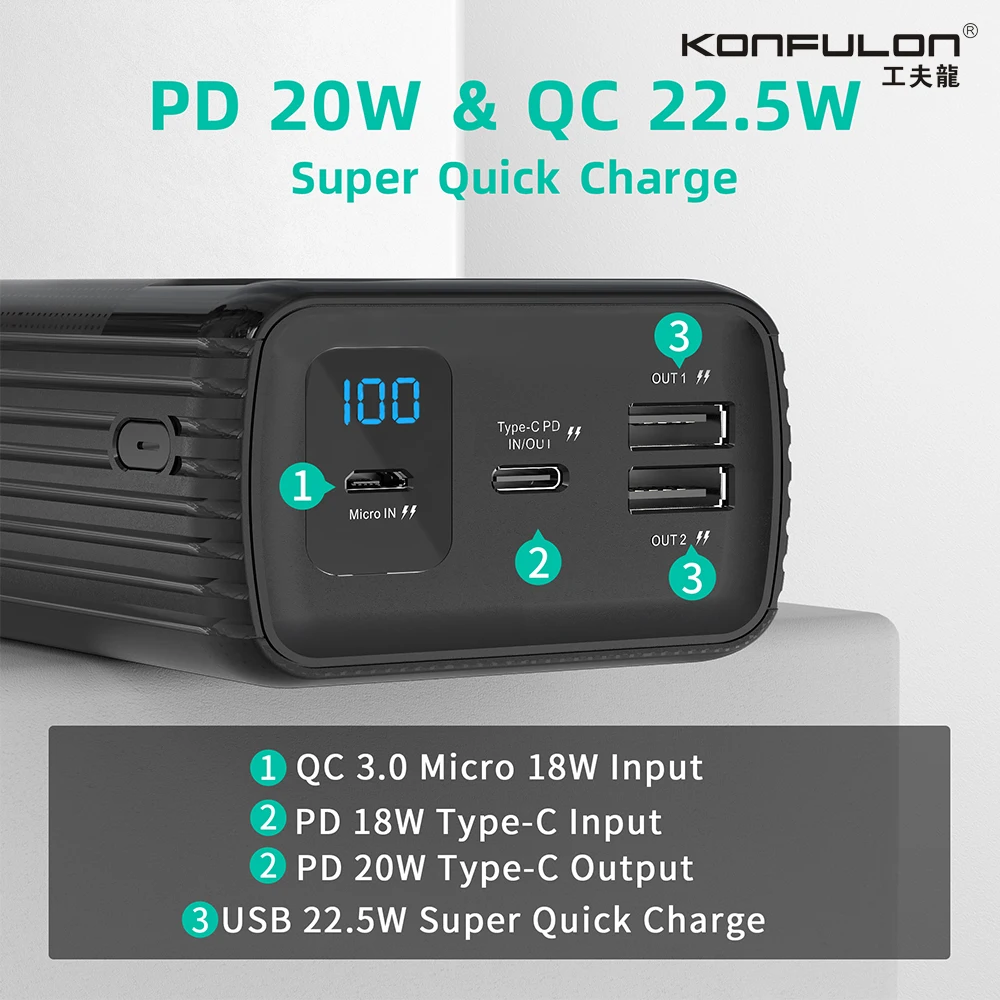 Tanie QC22.5 W Power Bank 50000 MAh PD 20W LED Powerbank 50000 MAh 5A Szybkie ładowanie Zewnętrzna ładowarka Do IPhone Vivo Samsung