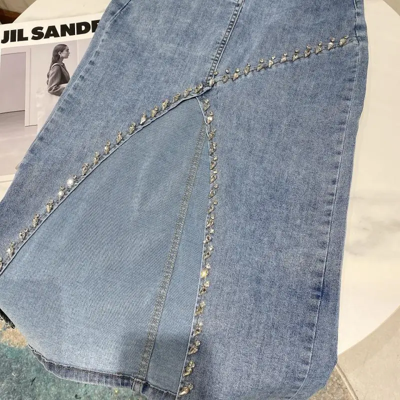 

2021 Summer New Denim Skirt Rhinestone Beaded Large Split Women's Mid-Length H-type Skirt Denim Female Casual Slim Hip Skirt