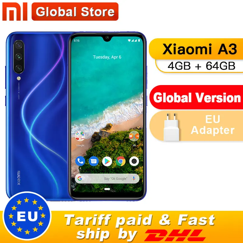 Глобальная версия Xiaomi mi мобильного телефона A3 mi A3 4 Гб 64 Гб 48 Мп+ 32 МП камера Восьмиядерный процессор Snapdragon 665 6,08" AMOLED экран