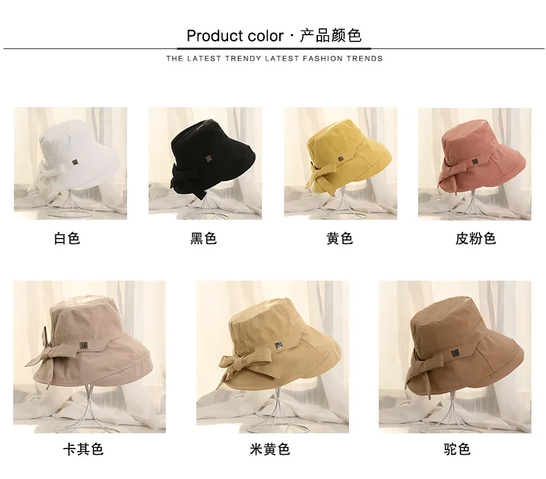 

Big Bow Colorful Bucket Hat Cotton Solid Color Women Casual Sunhat