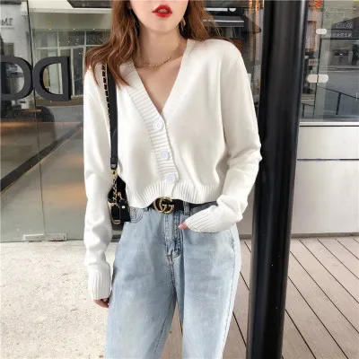 

Cardigan Women Sweater Knitted Shirt Autumn Newly Women Short Knitted Sweaters Women Long Sleeve V-Neck Thin Solid Sweater Women