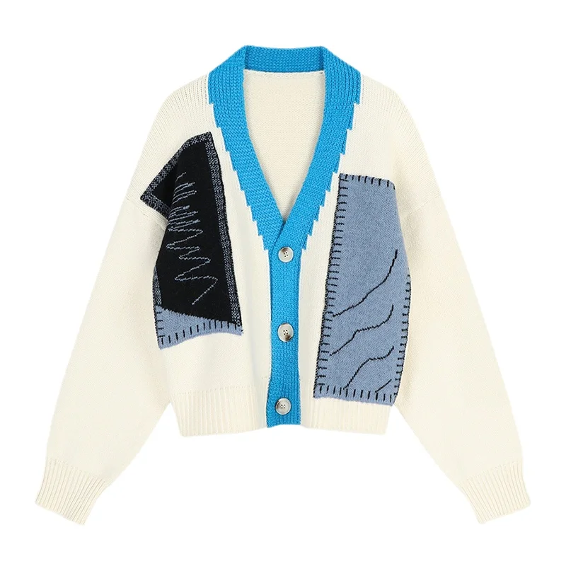 

Женский трикотажный кардиган на пуговицах, повседневный толстый контрастный кардиган свободного покроя с длинным рукавом и V-образным выре...