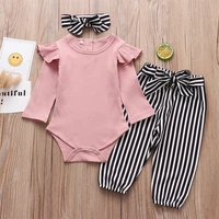 newborn baby girls clothing 2021 spring fall fashion pink romper pants headband 3pcs set infant clothes baby girl outfit