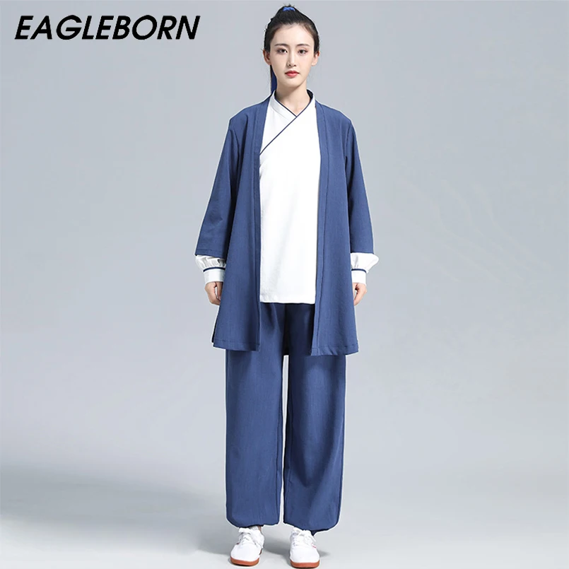 

Новинка 2022 г., комплект одежды ханьфу для мужчин и женщин из кунг-фу с длинным рукавом, традиционная китайская одежда для чая, весна-осень