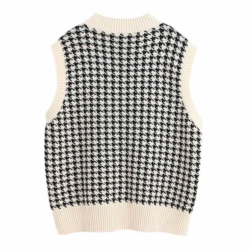 flocking england vintage plaid houndstooth sleeveless v-neck loose vest sweaters women pull femme pullovers tops | Женская одежда