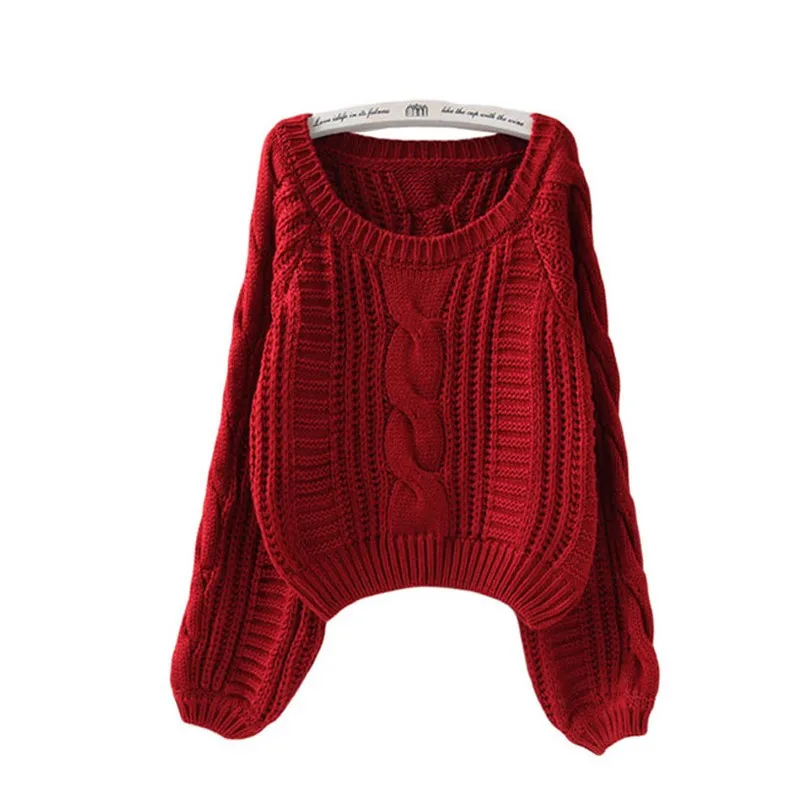 

Autumn and Winter Women Sweet Twist Bat Lantern Sleeve Round-Neck High Waist Loose Sweater