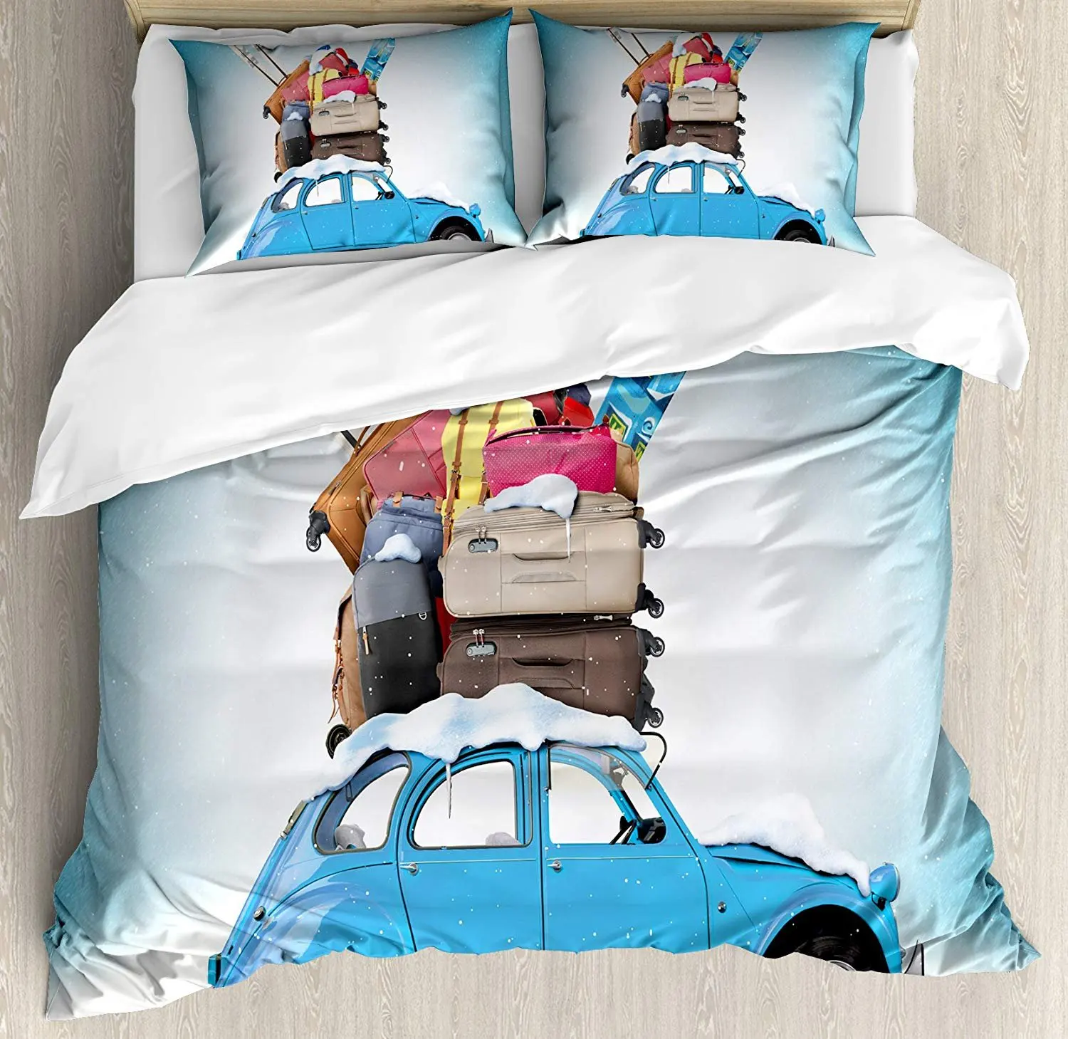 

Зимний комплект постельного белья, дорожный тематический Снежный образ, товары для лыжного багажа, синий винтажный автомобиль, праздник, фо...