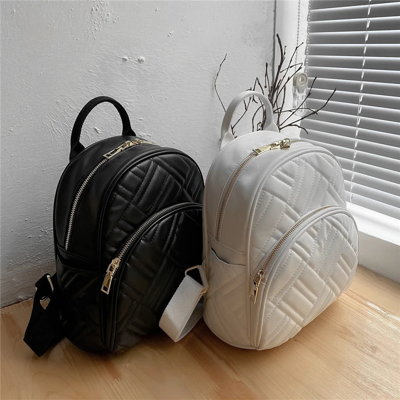 

Korean Style Quilted Small Women Backpack Simple High Quality PU Leather Bag Pack For Teenager Girls Spring 2021 Black White