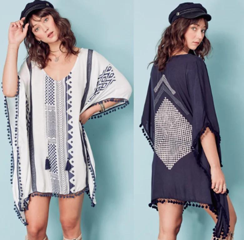 Женское хлопковое пляжное платье с принтом короткая накидка рукавами летучая