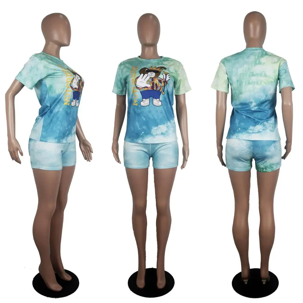 

European new fashion tie dye cartoon printing sport two piece loose o-neck short sleeve T-shirt and shorts women's suit