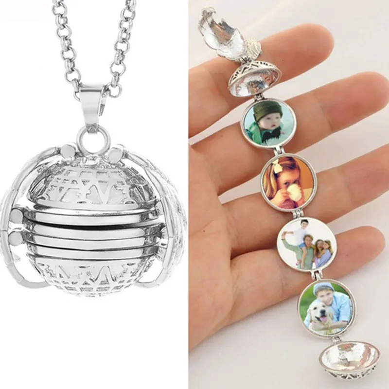 

New Aromatherapy Women Pendant Locket Angel Photo Necklace Long Fashion Jewelry Ladies 2021 Wing Necklace Hold Four Pictures