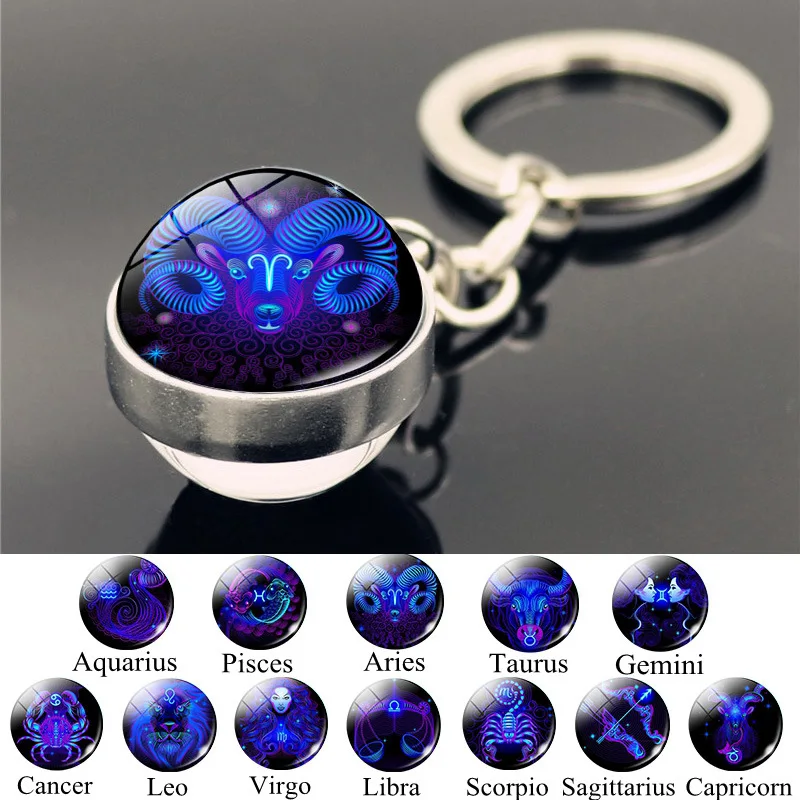

12 zodiac signs keychain sphere glass ball keychains Scorpio Leo Aries constellation birthday gift for women and men
