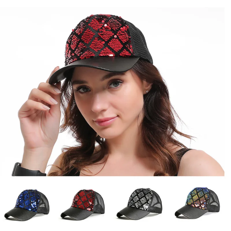 

Women Baseball Hat Rhombus Sequin Adjustable Breathable Sun Cap for Summer New