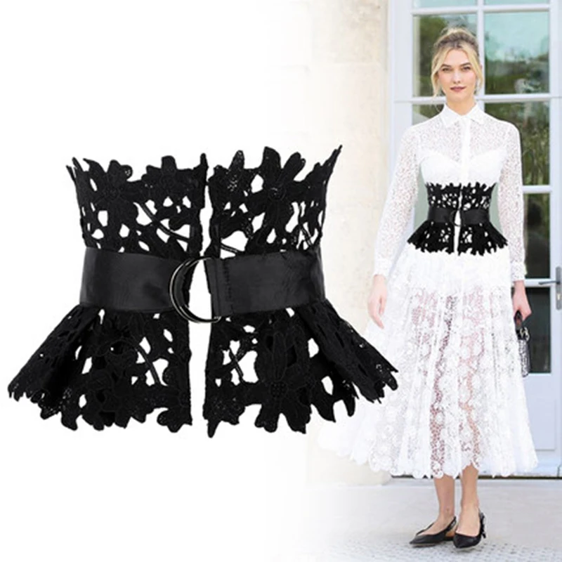 Женская широкая юбка с поясом элегантная ажурная белого и черного цветов баской